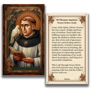 Puede incluir: Una impresión artística religiosa enmarcada que representa a Santo Tomás de Aquino. La imagen muestra a un hombre con una túnica negra sosteniendo un libro, con una paloma en su hombro. Una tarjeta de oración está al lado.