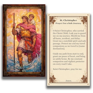 Puede incluir: Imagen enmarcada de San Cristóbal llevando al Niño Jesús, con una tarjeta de oración. La obra de arte presenta colores vibrantes y representa a San Cristóbal vadeando el agua, sosteniendo un bastón. La tarjeta de oración dice "St. Christopher Prayer For a Safe Journey".