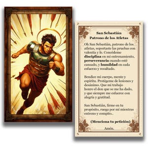 May include: A religious card featuring an illustration of Saint Sebastian, depicted as a muscular man running with arrows piercing his body. The card has a gold halo and is set against a background of arrows. Text in Spanish is on the adjacent card.