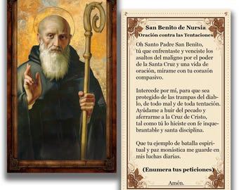 Tarjeta Devocional de San Benito de Nursia - Oración contra las Tentaciones - Estampa religiosa -(Descarga Digital)