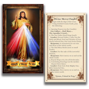 May include: A framed religious image shows Jesus in golden robes, emitting red, white, and blue light. The banner below reads "JESUS I TRUST IN YOU". A card on the right details the "Divine Mercy Chaplet" prayer.