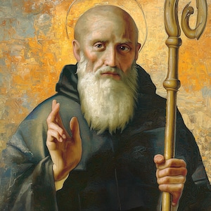 May include: An oil painting depicting a man with a white beard, wearing a black robe, and holding a gold staff. A gold halo encircles his head. The background is a mix of yellow, orange, and blue.