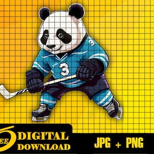 Panda de hockey sobre hielo, panda de hockey, patinaje sobre hielo, ilustración de panda adorable, deportes de invierno, idea de regalo de Navidad, arte festivo, pegatinas, PNG, JPG