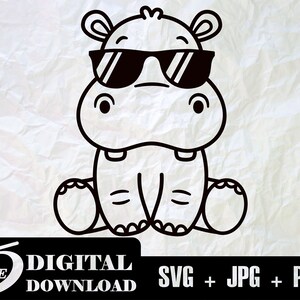 赤ちゃんカバ SVG、カバ SVG、カバ サングラス、動物 SVG、子供用シャツ、赤ちゃん動物 SVG、かわいいカバ SVG、シルエット ファイル、Png、Jpg、
