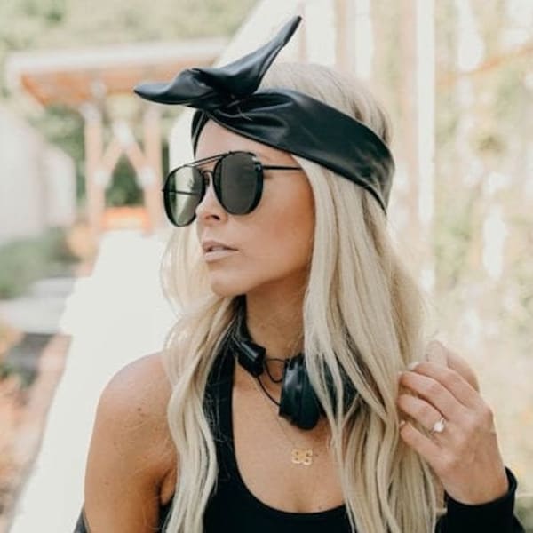 Bandeau en cuir noir, enveloppement de cheveux, bandeau de noeud supérieur, turban noir, bandeau filaire, bandeau moulable, pas de mal de tête, bandeau Boho noir