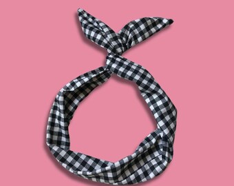 Handgefertigtes schwarz-weiß kariertes Haarband: Verstellbares Wire Hair Wrap