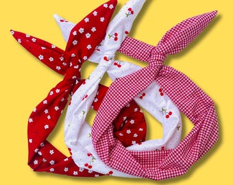 Draht Haarband 3er Set: Rot kariert, Blümchen, Kirschen - Sommerhaarschmuck