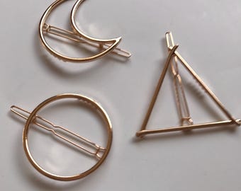 Gold Geometrische Haarspange: Dreieck, Kreis, Mond - Minimalistischer Haarschmuck