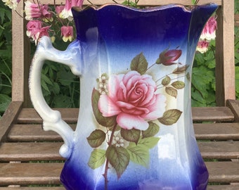 Vintage Staffordshire Large Blue Water Jug Decorated with Pink Rose, Victorian Style Pitcher,