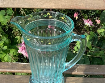 Art Deco Aquamarine Pressed Glass Water Jug, Vintage Lemonade Pitcher, 1930’s Blue Pressed Glass Jug