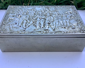 Vintage Cigarette/Cigar Case, Silver Chrome/Metal Wooden Trinket Box With Hinged Lid, English Civil War Scene, Storage for Playing Cards