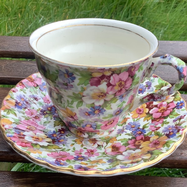 James Kent Old Foley ‘Du Barry’ Teacup & Saucer, Floral Chintz, Vintage Staffordshire Fine Bone China, C 1970’s