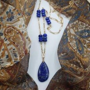 Beaded Lapis Lazuli Stone Necklace, Lapis Y Style necklace, natural blue stone necklace, boho chic, stone of confidence and emotional power
