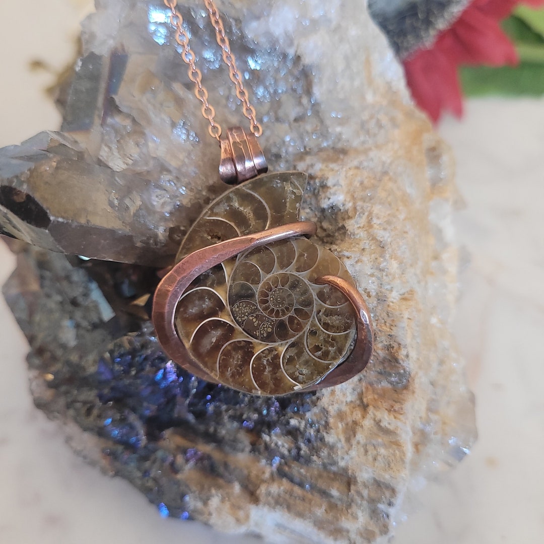 Leather choker necklace with a natural Ammonite fossil stone pendant