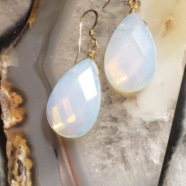 Opalite Faceted Tear Drop Earrings, milky white stone, moonstone earrings, earrings for wedding, casual everyday wear earrings, opaque stone