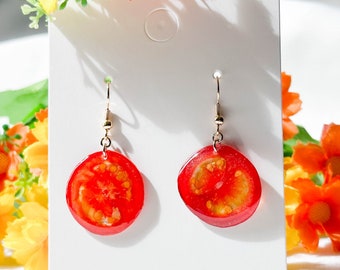Handmade Real Pressed Cherry Tomato Earrings, Dried Cherry Slice Resin Earrings, Fruit Resin Dangle Earring,Fruit Cute jewelry,Wedding Gifts