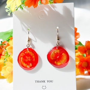Handmade Real Pressed Cherry Tomato Earrings, Dried Cherry Slice Resin Earrings, Fruit Resin Dangle Earring,Fruit Cute jewelry,Wedding Gifts