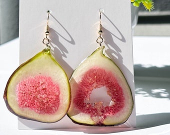 Handmade Real Fig Earrings, Pressed Fig Earrings, Botanical Resin Fruit Jewelry, Nature Fruit Hypoallergenic Earrings, Unique Birthday Gifts