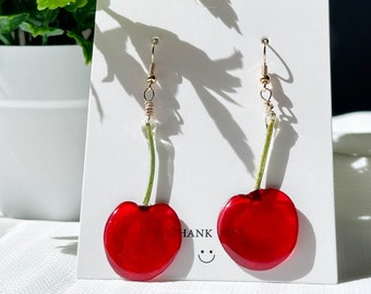 Handmade Dried Cherry Resin Earrings, Real Pressed Cherry Earrings, Fruit Resin Dangle Earring, Fruit Cute jewelry, Wedding Gifts