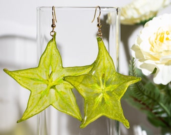 Real StarFruit Earrings, Pressed StarFruit Resin Fruit Earrings, Dried Fruit Natural Jewelry, Carambola Dangle Earrings, Unique Gift For Her