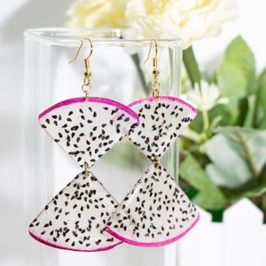 Pressed Pitaya Earrings, Real Dragon Fruit Earrings, Scalloped Dried Dragon Slice Resin Fruit Earrings, Fruit Jewelry, Fruit Dangle Earrings