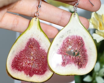 Real Fig Fruit Earrings, Pressed Fig Earrings, Botanical Resin Fruit Jewelry, Nature Fruit Hypoallergenic Earrings, Handmade Fruit Earrings