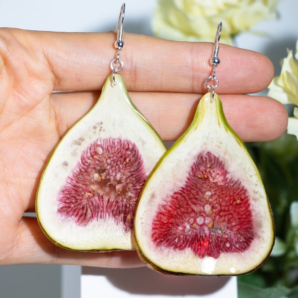 Real Fig Earrings, Pressed Fig Earrings, Botanical Resin Fruit Jewelry, Nature Fruit Hypoallergenic Earrings, Handmade Unique Birthday Gifts