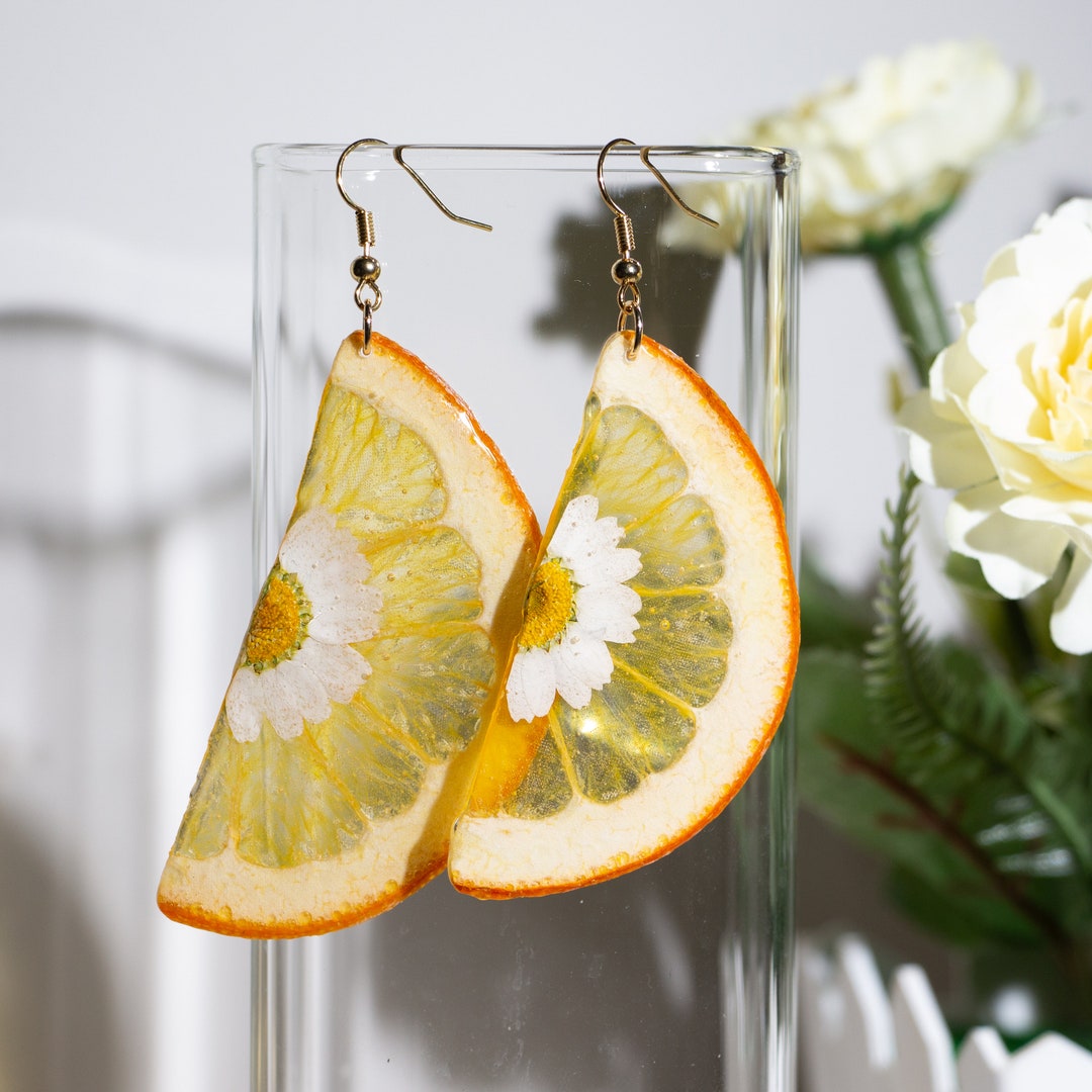 Real Orange Fruit Earrings, Pressed Daisy Resin Flower Earrings, Dried