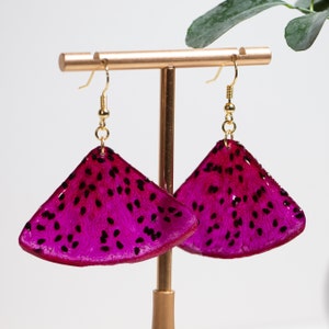 Real Dragon Fruit Earrings, Pressed Pitaya Dangle Earrings, Scalloped Dried Dragon Resin Fruit Earring, Handmade Fruit Jewelry, Gift For Her