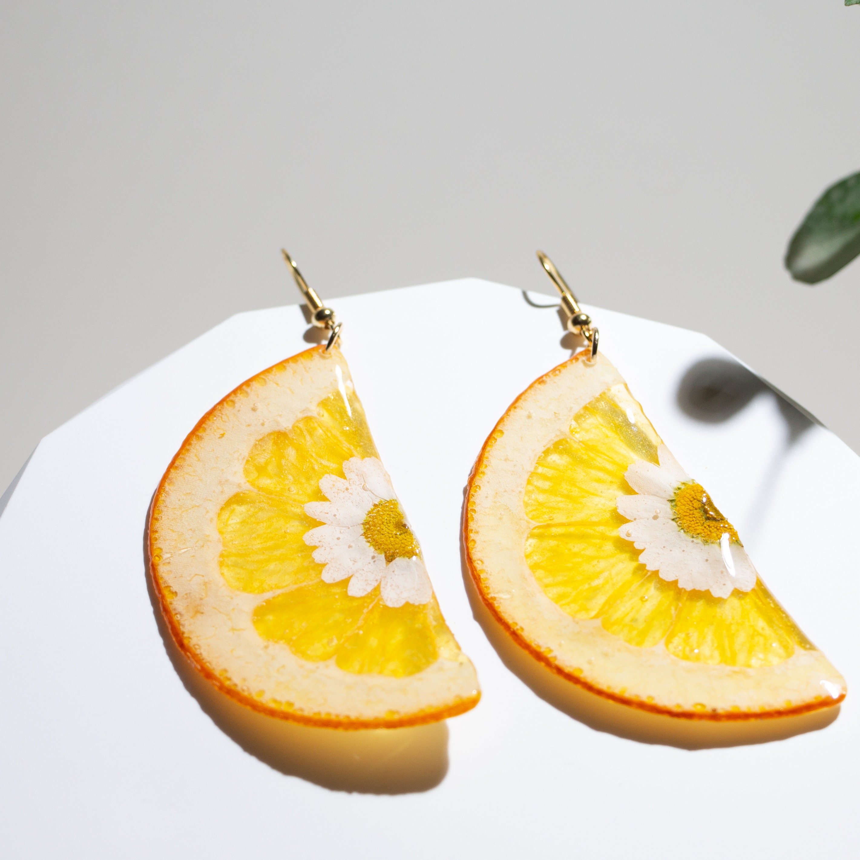 Real Orange Fruit Earrings Pressed Daisy Resin Flower Etsy