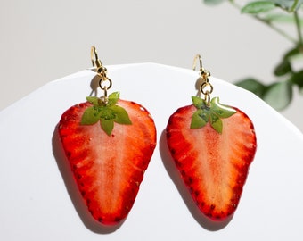 Handmade Real Strawberry Earrings, Pressed Strawberry Earrings,  Dried Fruit Resin Earrings, Natural Fruit Jewelry, Birthday Gifts For Women