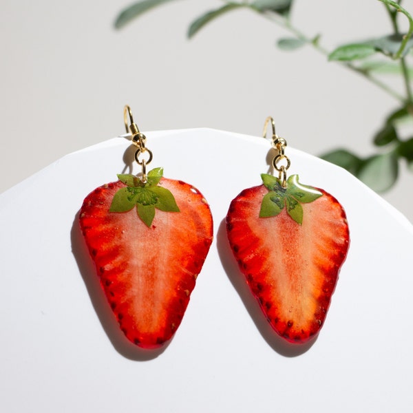 Handmade Real Strawberry Earrings, Pressed Strawberry Earrings,  Dried Fruit Resin Earrings, Natural Fruit Jewelry, Birthday Gifts For Women