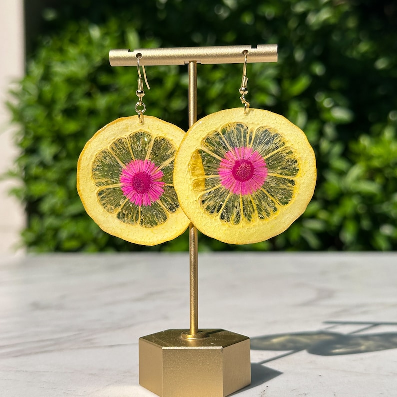 Zitronen Ohrringe Gelb Mit Blumen - Harz Ohrstecker Frucht Schmuck Geschenk