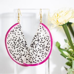 Pressed Pitaya Earrings, Real Dragon Fruit Earrings, Scalloped Dried Dragon Slice Resin Fruit Earrings, Fruit Jewelry, Fruit Dangle Earrings