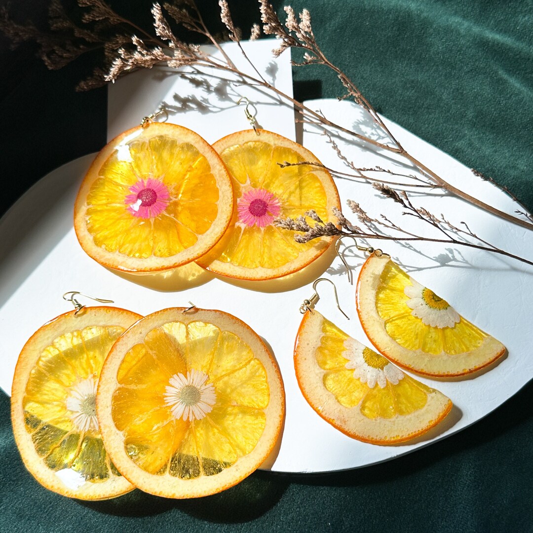 Real Orange Fruit Earrings, Pressed Daisy Resin Flower Earrings, Dried