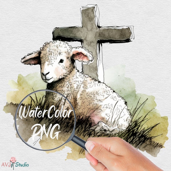 Cute Lamb & Christian Cross PNG, High Quality Clipart, Digital Download, Jesus Design, Bible PNG, Single Design