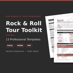 May include: A digital document set titled Rock & Roll Tour Toolkit for bands and tour managers, featuring 13 professional templates in Excel, Word, and PDF formats. The document displays a stage plot layout with technical details and equipment lists.