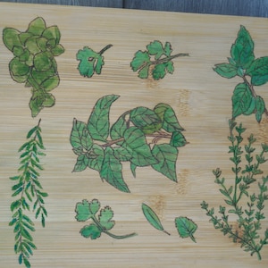 Wood Burned Bamboo Cutting Board - Herbs