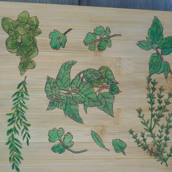 Wood Burned Bamboo Cutting Board - Herbs