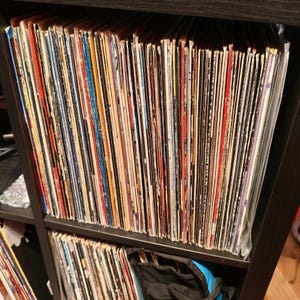 May include: A collection of vinyl records stored on a black shelf. The album covers display a variety of colors and designs, with visible spines. The records are neatly organized, suggesting a music enthusiast's collection.