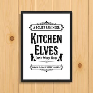 Letrero de limpieza divertido: Los elfos de cocina no trabajan aquí (Descarga digital A4/carta estadounidense)