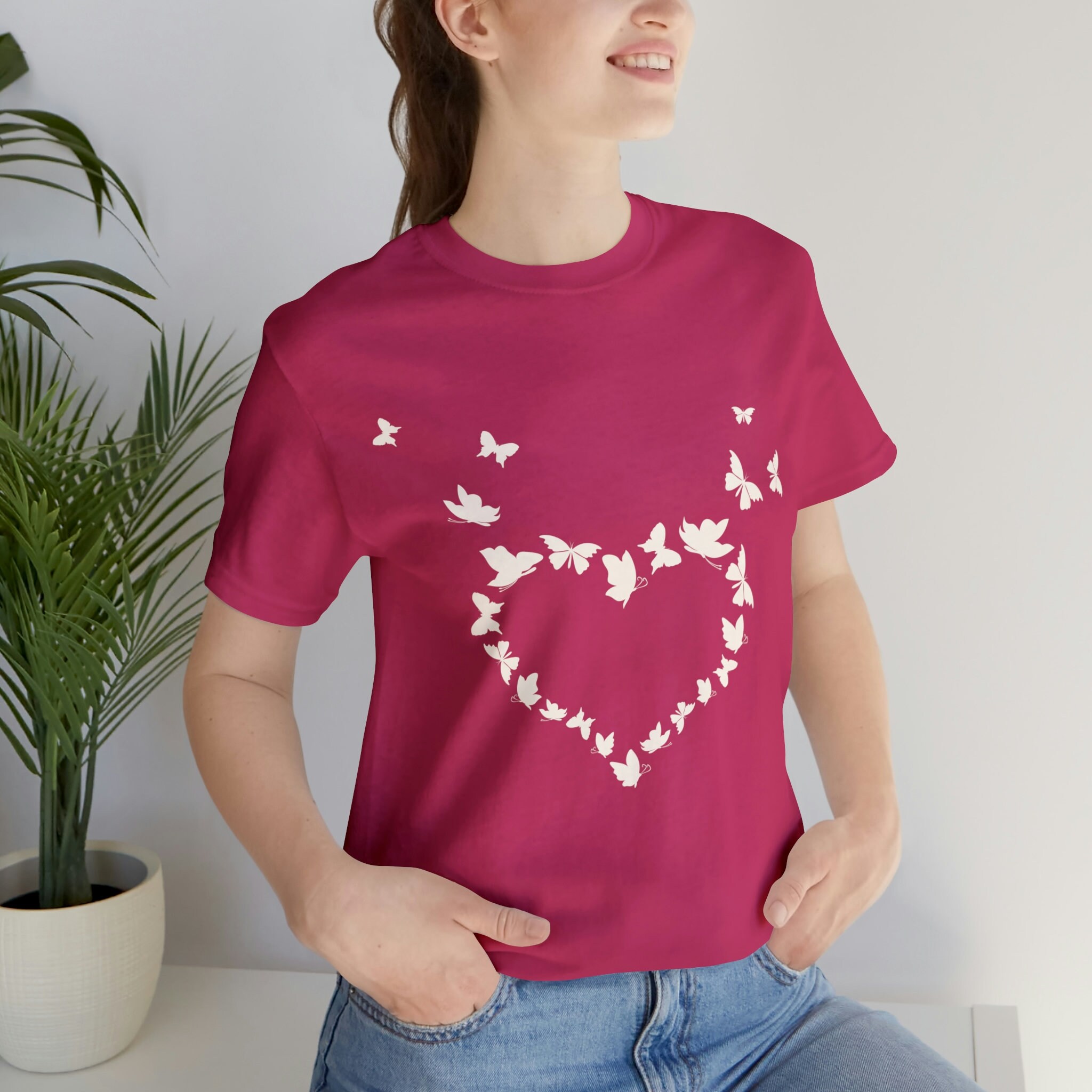 Cute Pink Love Heart Butterfly Graphic Tee For Women – Valentine's Day Casual T-Shirt – Soft Cotton Blend Top