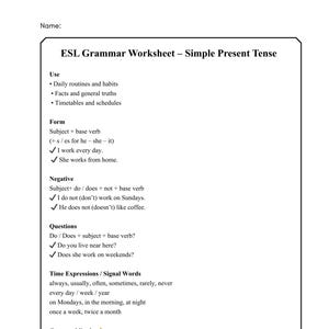 Simple Present Tense ESL Grammar Worksheet | Adult & Teen (PDF Printable)