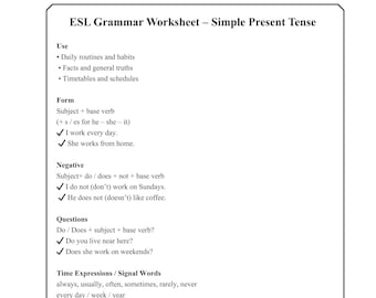 Simple Present Tense ESL Grammar Worksheet | Adult & Teen (PDF Printable)