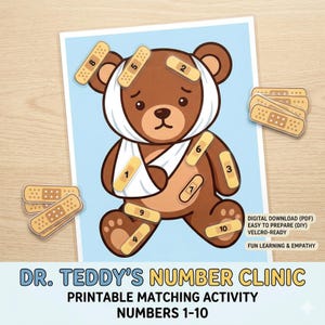 Attività di abbinamento numeri con l'orsetto malato, gioco di matematica con i cerotti da contare (download digitale)
