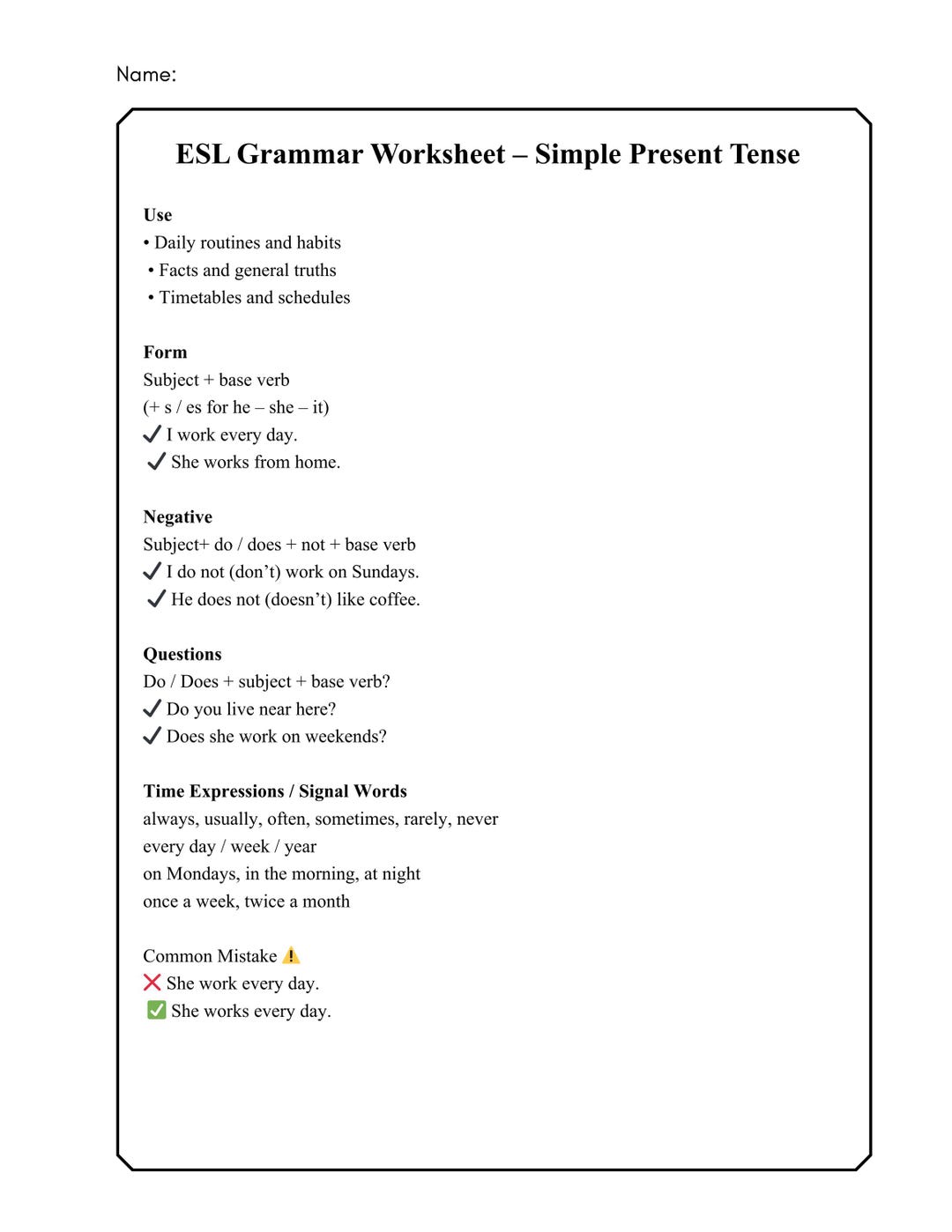 Simple Present Tense ESL Grammar Worksheet | Adult & Teen (PDF ...