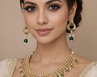 Handcrafted Gold-Plated Kundan Bridal Necklace Set, Chandbali Earrings, Tikka