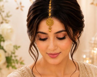 Traditional Gold Plated Floral Maang Tikka | Indian Bridal Headpiece | Antique Gold Wedding Jewelry | Ethnic Forehead Ornament