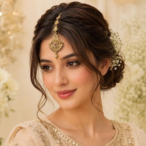 May include: A gold maang tikka headpiece featuring an intricate teardrop-shaped pendant with small embedded red and green stones. The jewellery piece is centred on the forehead, attached to a delicate gold chain that rests along the hair part.