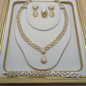 Indian Bridal CZ Diamond Gold Plated Necklace Set, Cubic Zirconia Wedding Bridal Jewelry Set,Necklace Earrings Bracelet Ring Jewellery Set